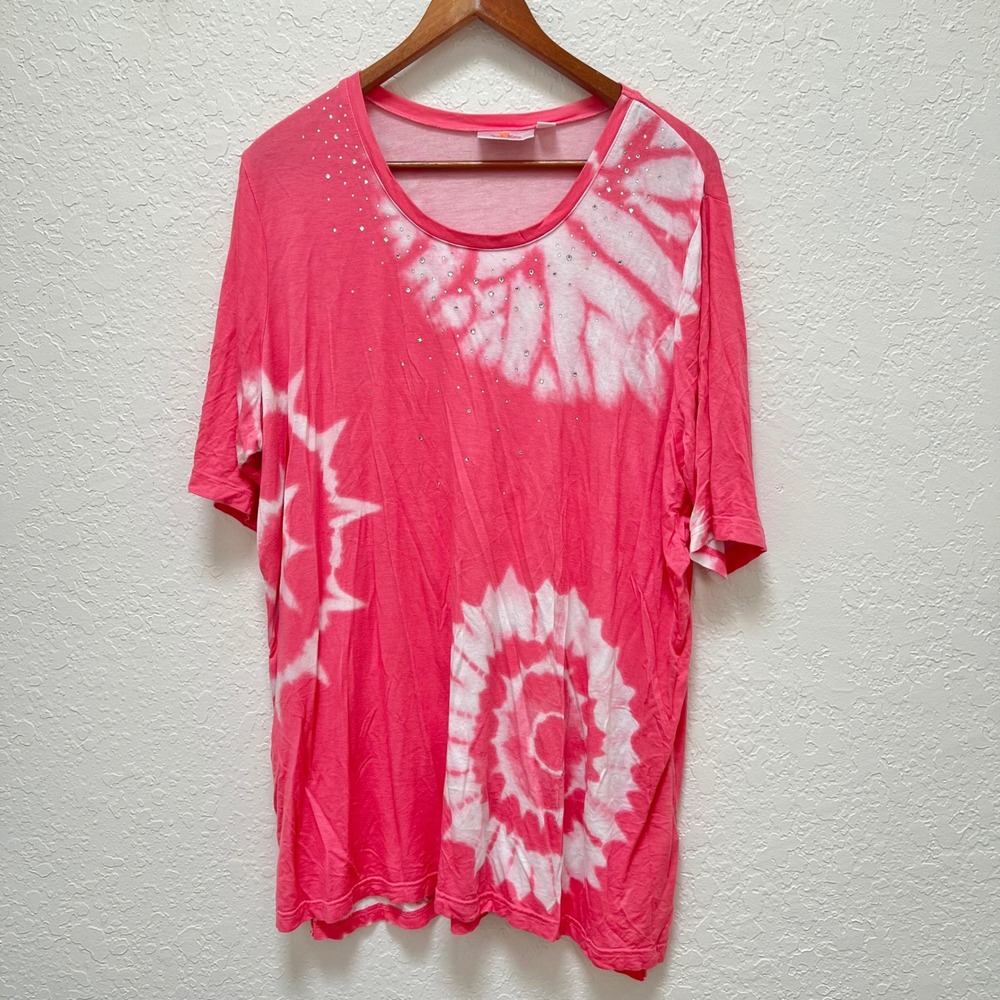 Quacker Factory Pink Tie Dye Sunburst Rhinestone Scoop Neck Top 1X Embellished